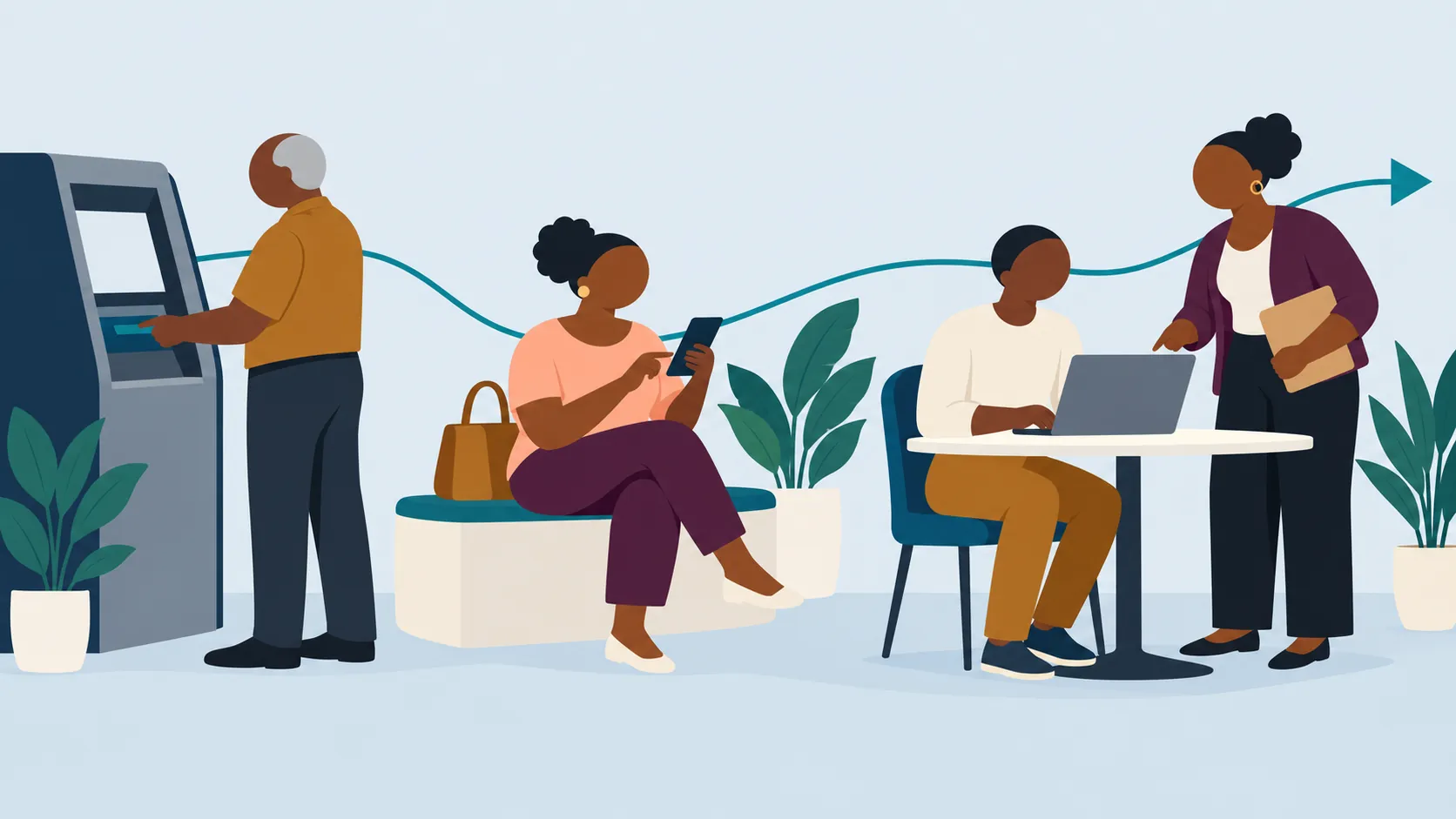 An illustration of people handling everyday banking without a line: an older man using a bank machine, a woman using her phone, and a young man at a laptop while a woman shows him what to do.