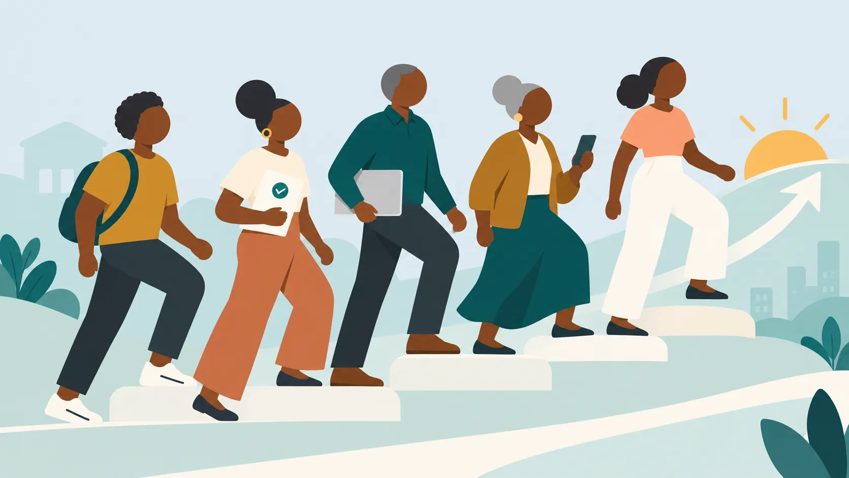 An illustration of five people of different ages walking up a set of steps together towards a rising sun: a young man with a backpack, a woman holding a certificate, a man carrying a laptop, an older woman using a phone, and a young woman at the top.