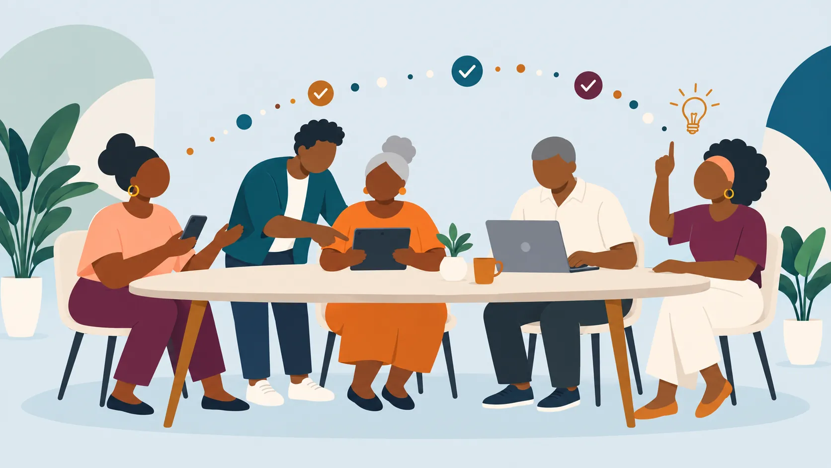 An illustration of five people of different ages around a table, helping each other with a phone, a tablet and a laptop.