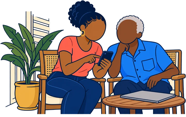 A young woman showing an older neighbor something on her phone