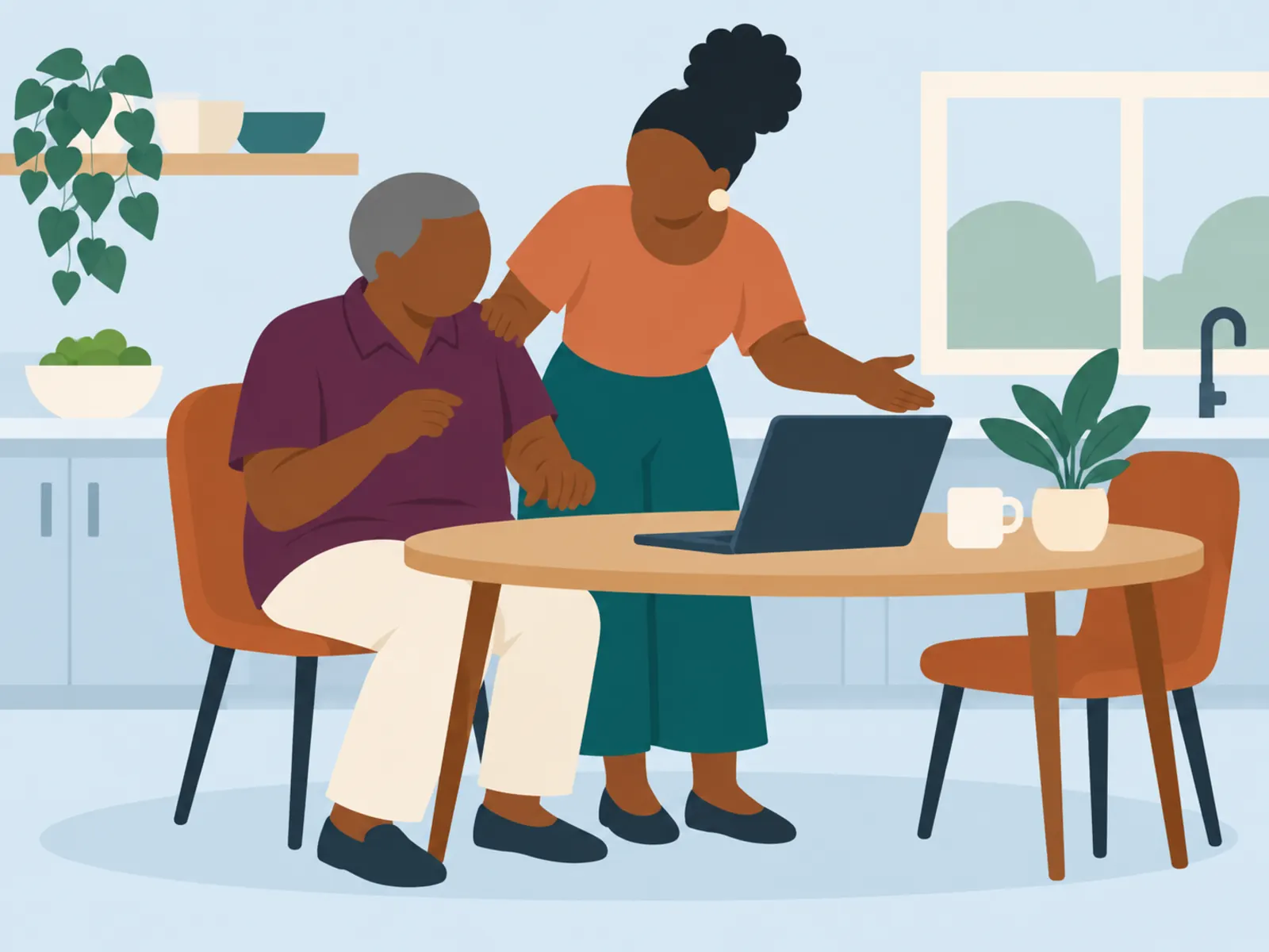 An older man unsure about a laptop, with a younger relative beside him encouraging him