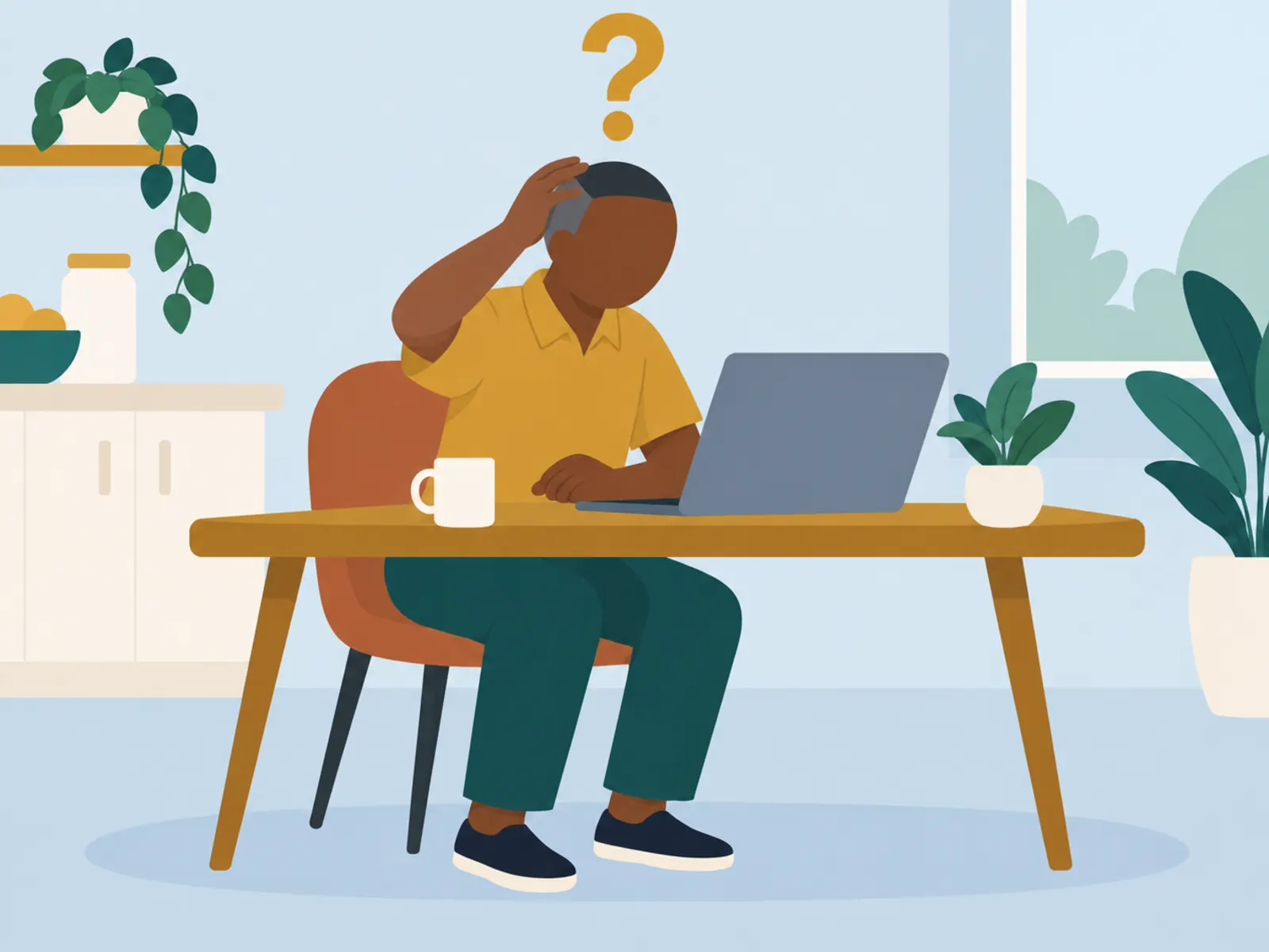 A man at a kitchen table, unsure of the laptop in front of him, scratching his head