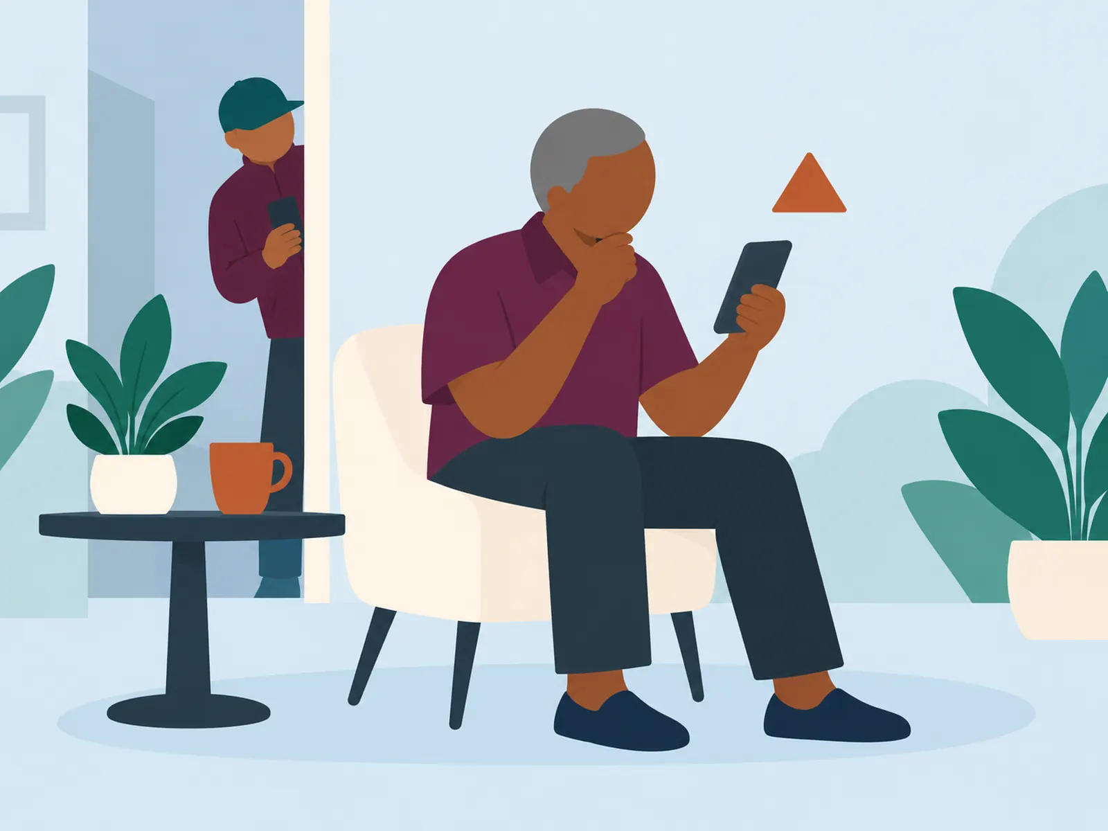 An older man at home, unsure about a message on his phone, while a stranger with a phone watches from the doorway