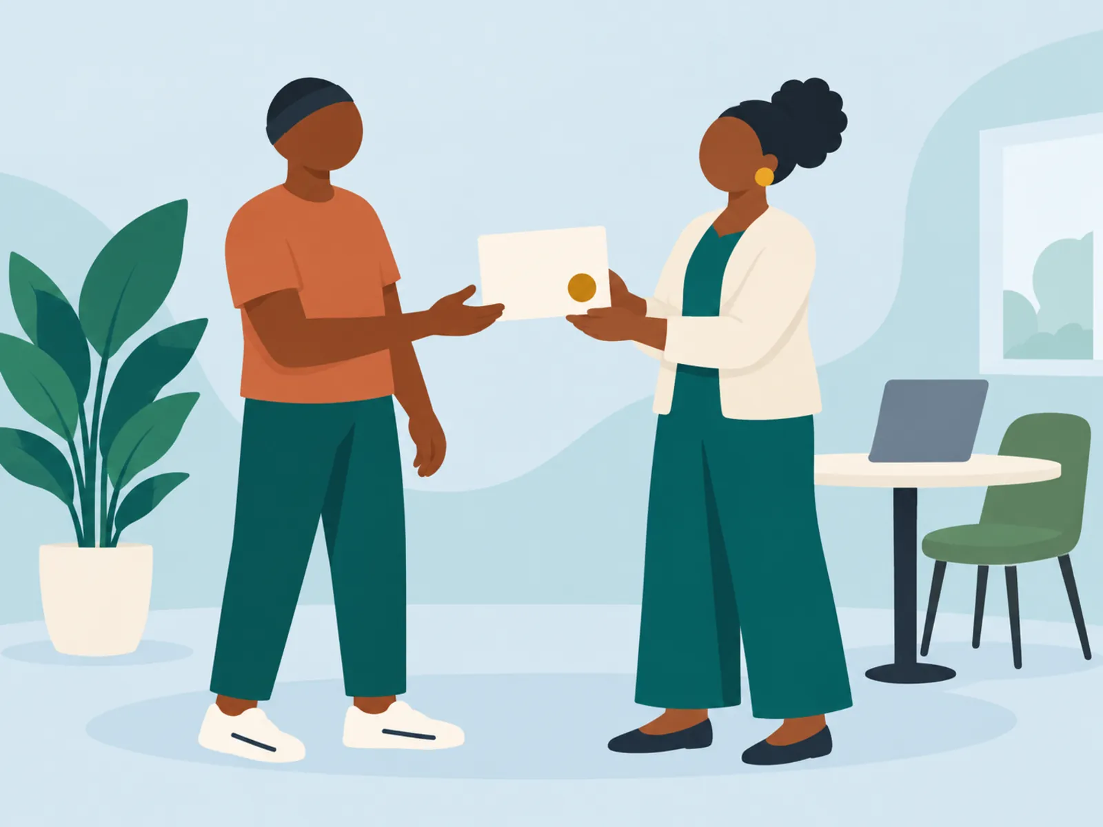 A learner receiving a certificate from a trainer