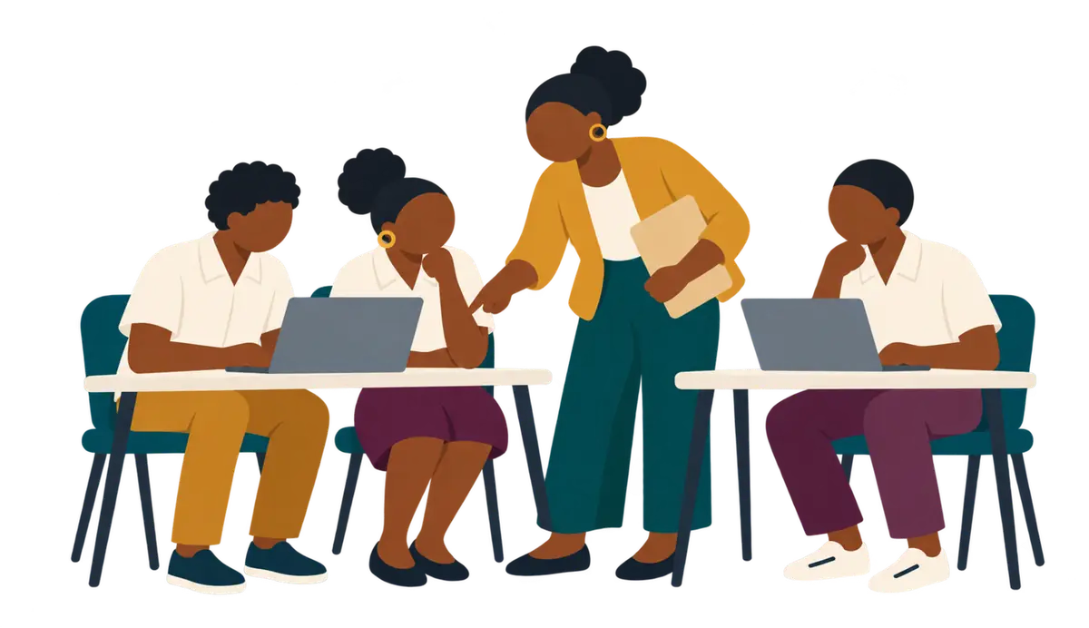 An adult volunteer helping secondary-school students at laptops