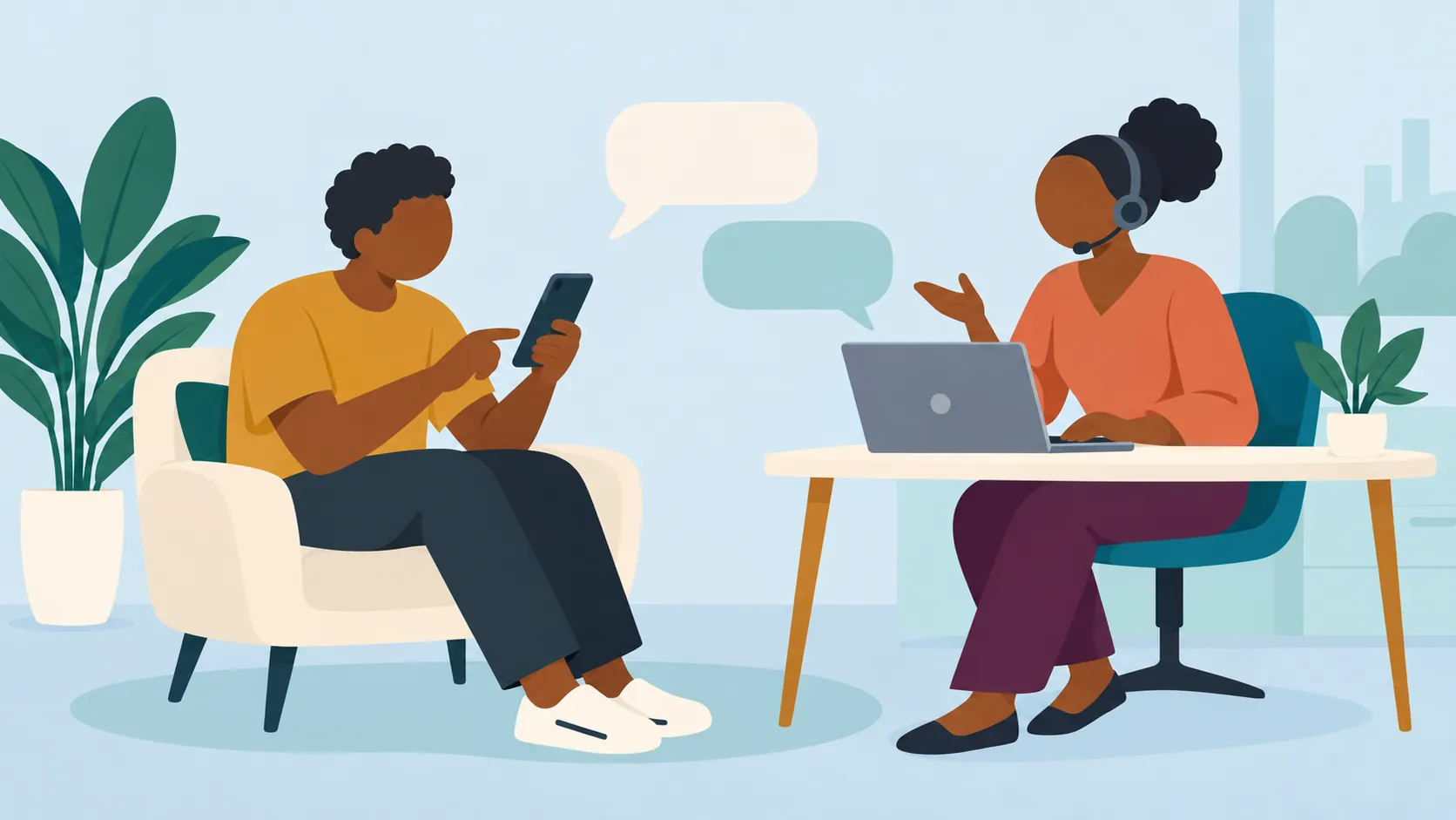 A helper with a headset replying on a laptop while a learner sends a message from a phone