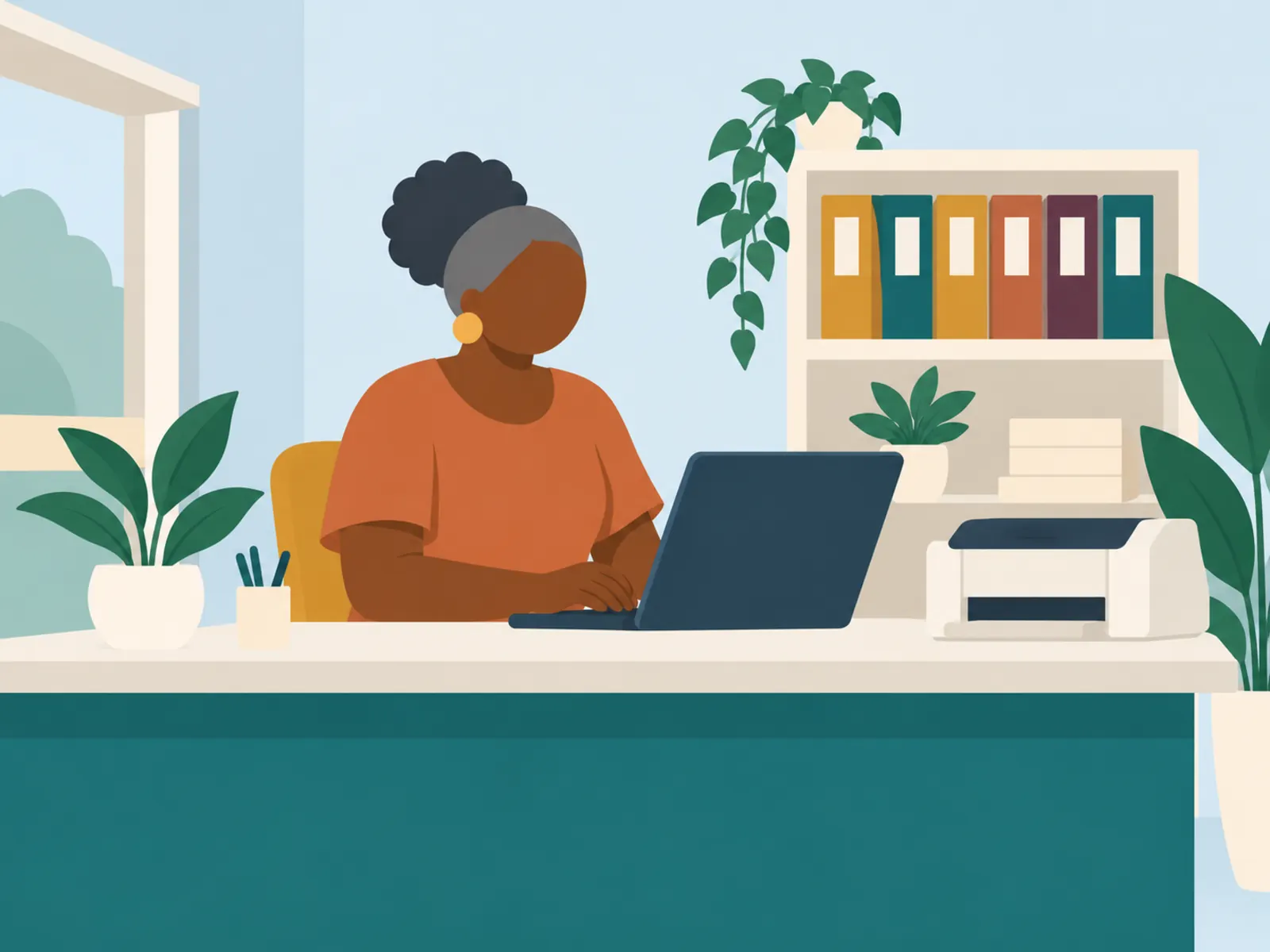 Computer Skills, Advanced: a woman at a small-business front desk with a laptop, a printer and folders