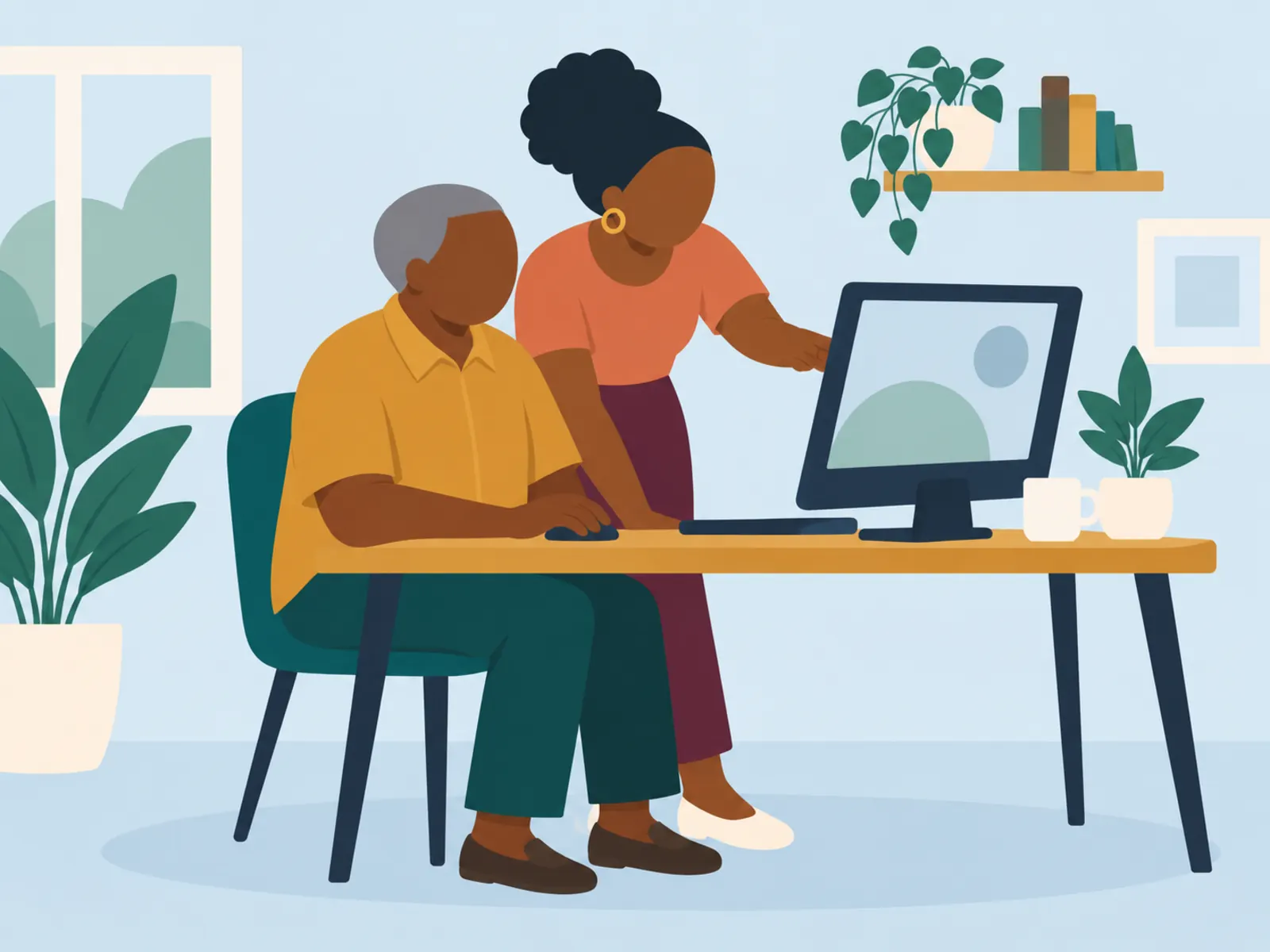 Computer Skills, Beginner: an older man at a home computer, his granddaughter pointing at the screen