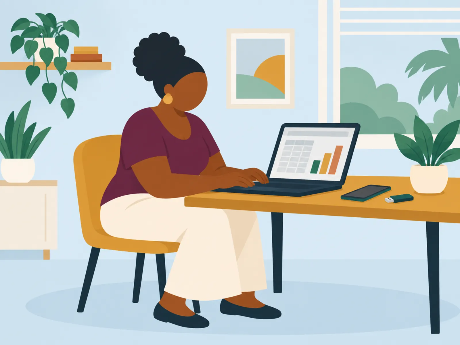 Computer Skills, Intermediate: a woman making a spreadsheet with a chart on a laptop