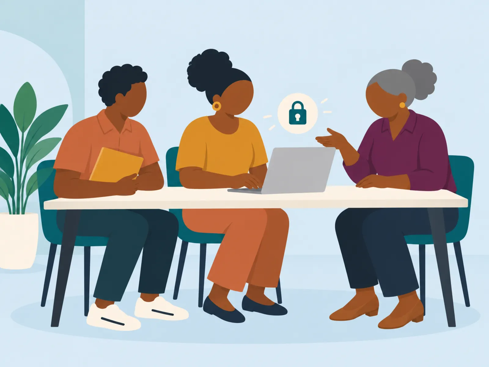 AI, Scams and Online Safety, Advanced: three colleagues at a table, keeping information private