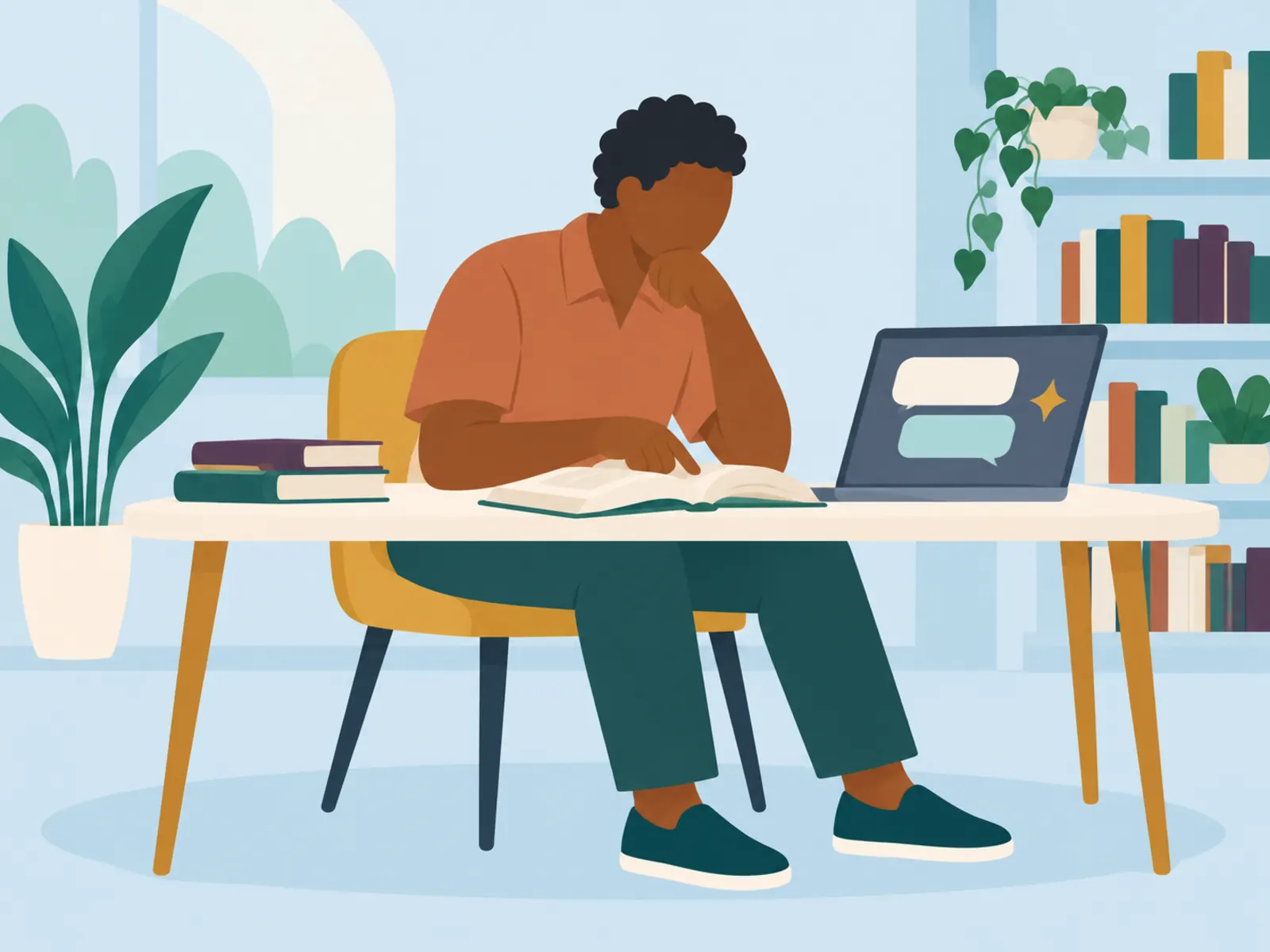 AI, Scams and Online Safety, Intermediate: a young man checking an AI chat answer against a book