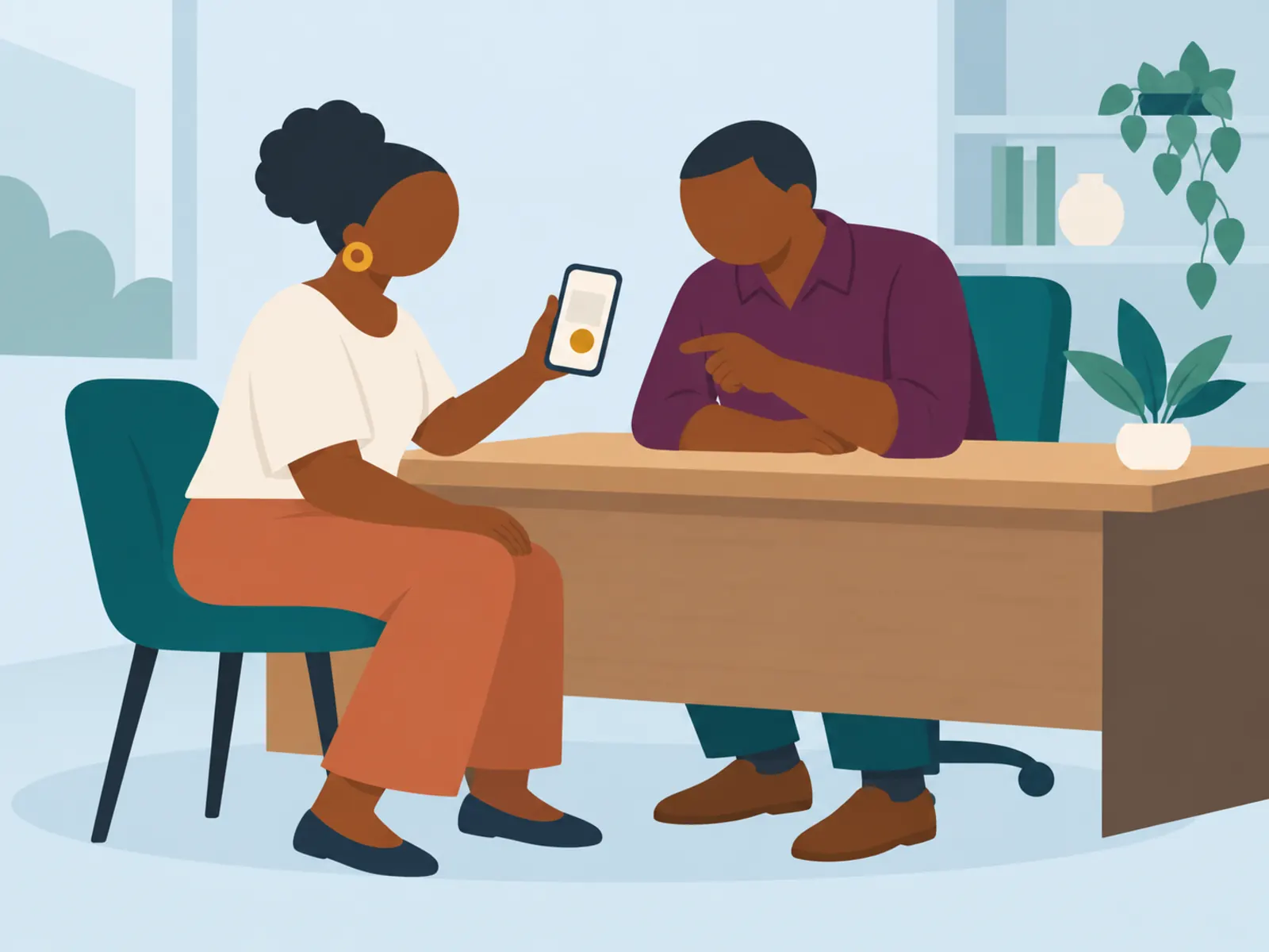 A learner showing her certificate on her phone to an employer