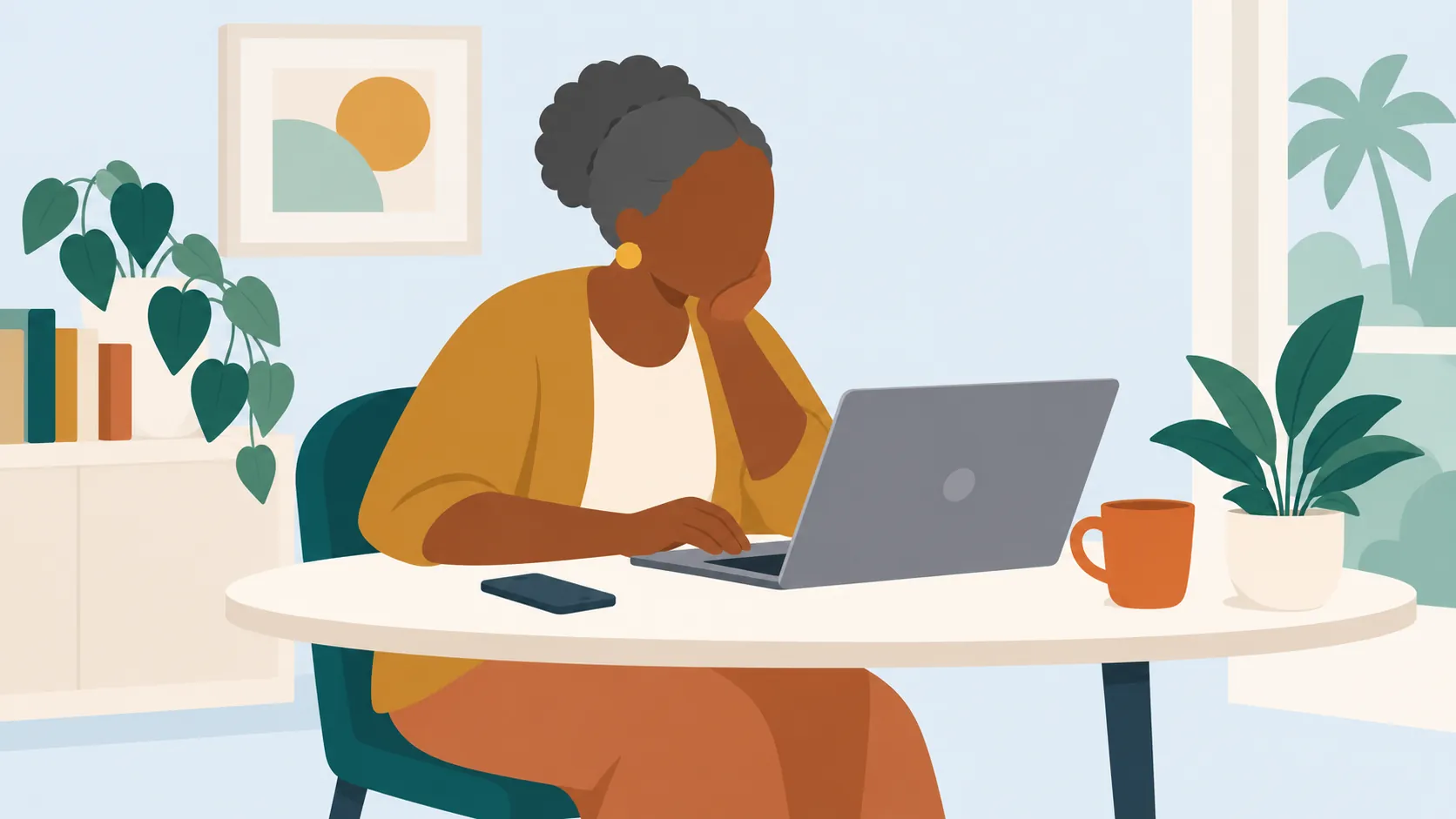 A learner at a table with a laptop open on a lesson and a phone beside it, taking her time