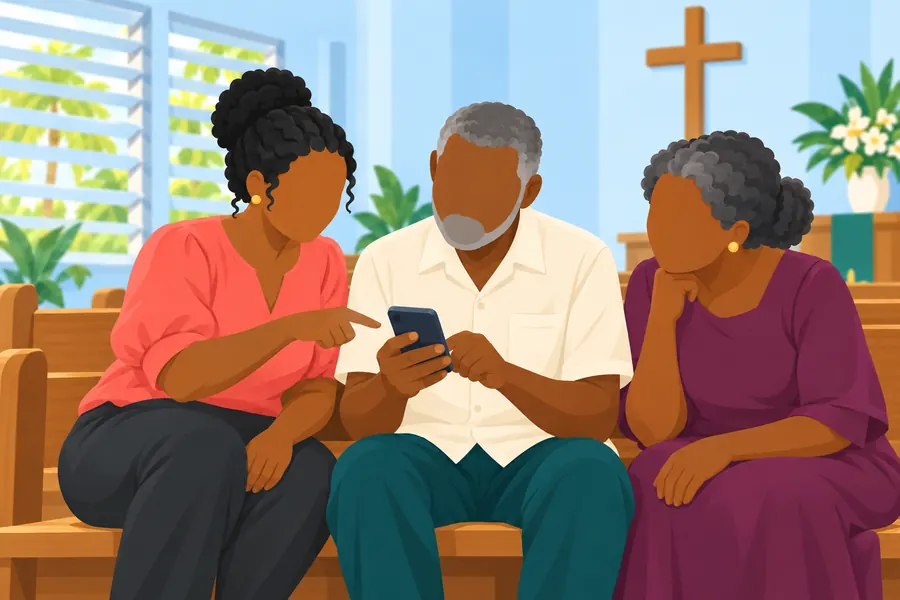 Three church members on a pew, one helping an older man with his phone
