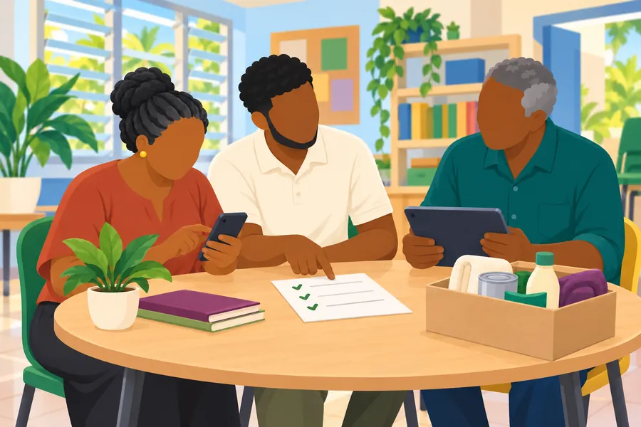 Members of a community group at a round table with phones and a tablet