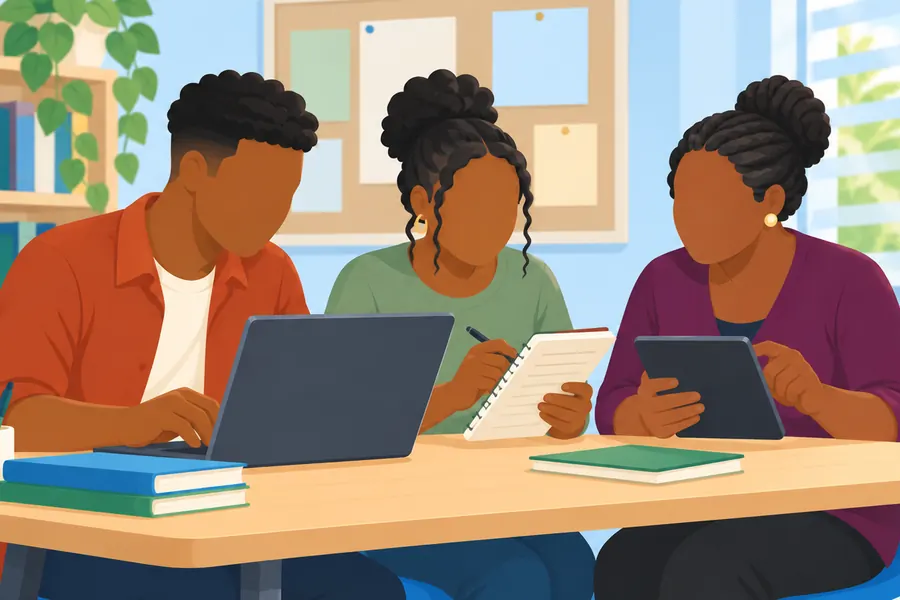 Three students at a classroom table working on a laptop, a notebook and a tablet