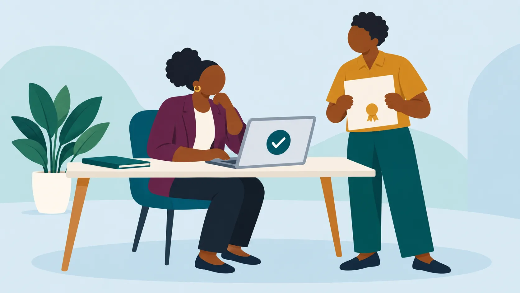 An employer checking a certificate on a laptop while the learner stands beside holding the printed certificate