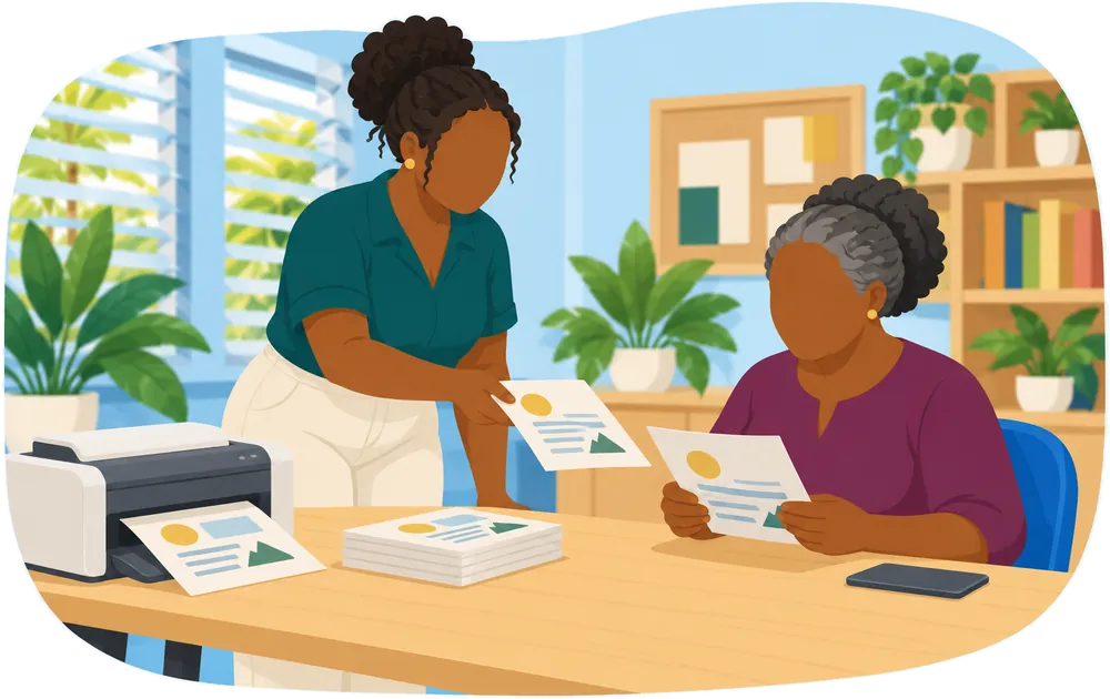 A volunteer handing a printed handout from a stack beside a printer to an older woman, who reads it at the table