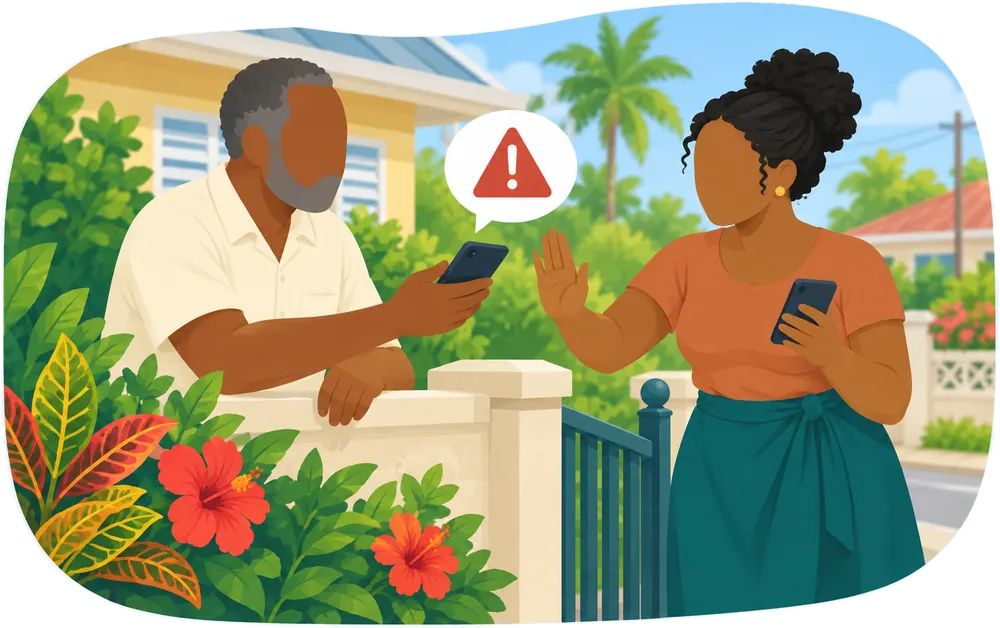 An older man at his garden wall showing a neighbor a warning on his phone, while she holds up her hand to say do not tap it