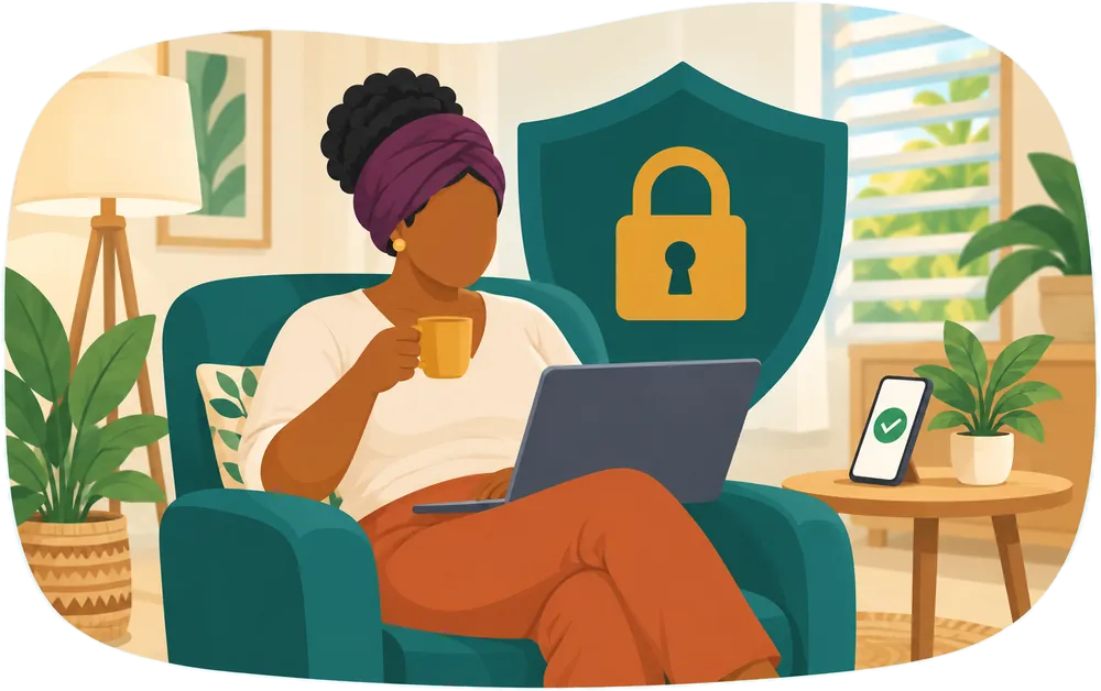 A woman relaxing in an armchair with her laptop and a cup, a large shield with a padlock behind her and a green tick on her phone
