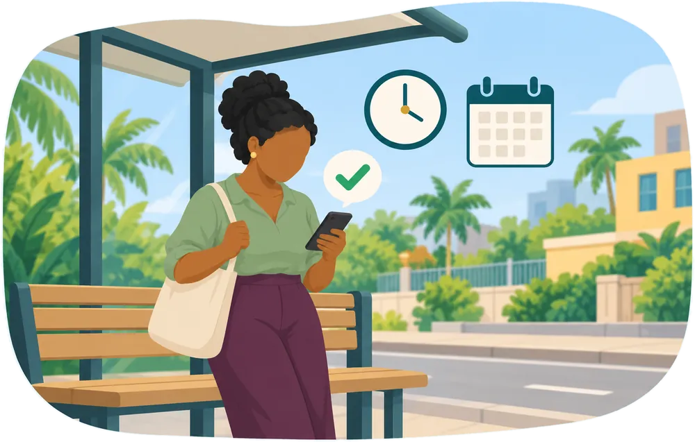 A woman at a bus stop looking calmly at her phone, which shows a tick, with a clock and a calendar above her
