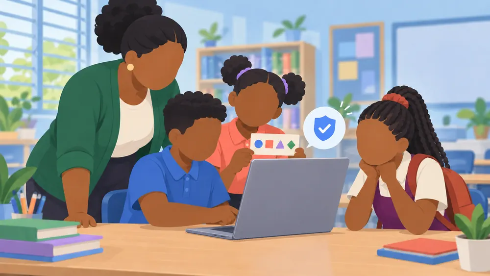 A teacher helping primary students sign in on a laptop, with a safety shield on the screen