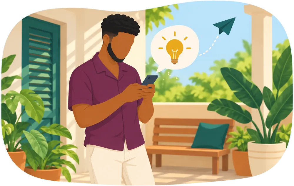 A young man on a veranda typing on his phone, with a light bulb idea flying off as a paper plane