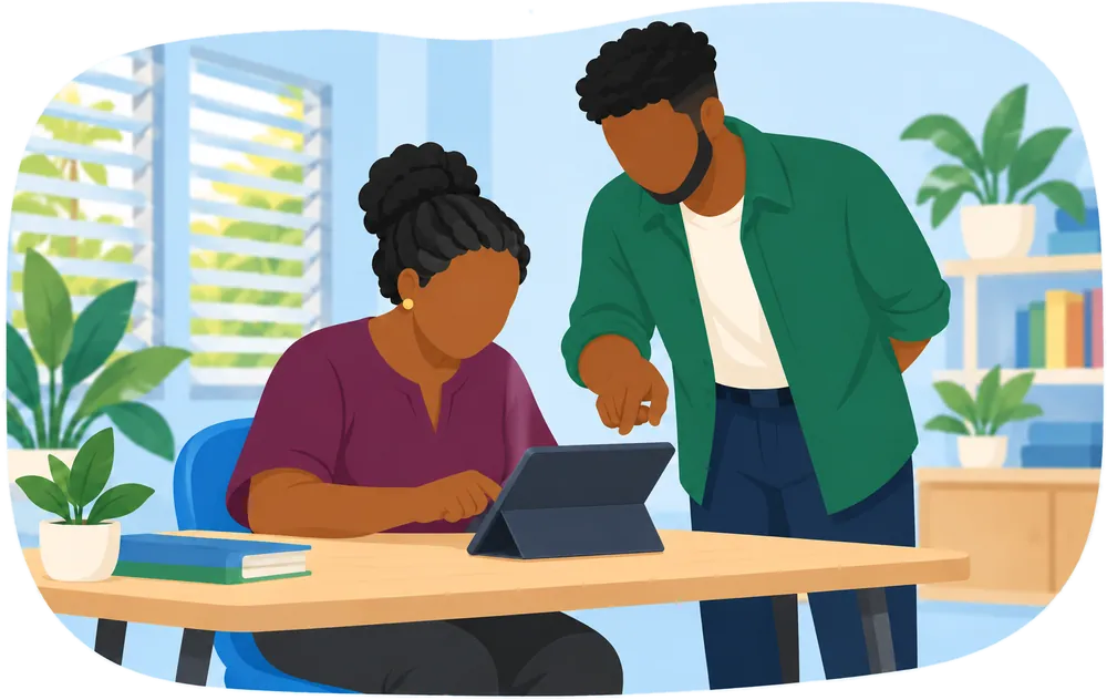 A volunteer standing beside a woman at a table, pointing the way while she works the tablet herself