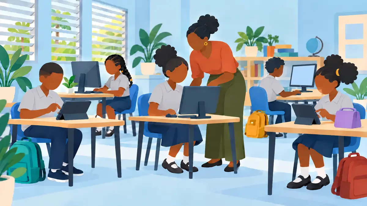 Primary students learning at computers with their teacher