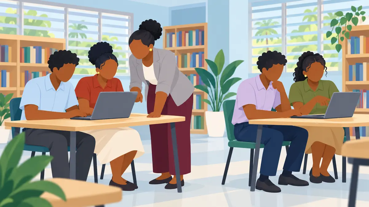 High-school students working in pairs at laptops with a teacher